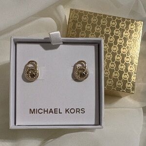 NEW~Michael Kors MK signature logo Gold-Tone CZ stones Padlock Stud Earrings
